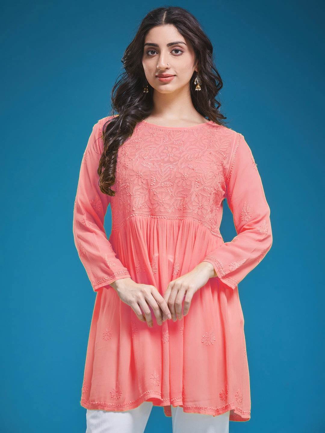 DILKUSHA Chikankari Georgette Peach Top - KRI CHIKANKARI