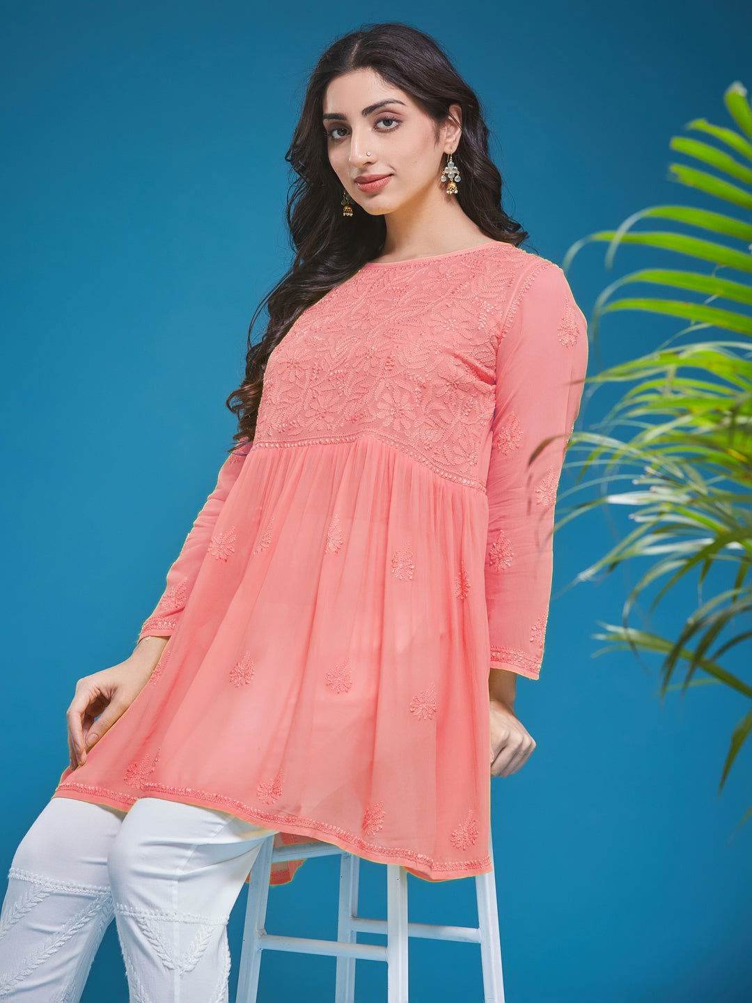 DILKUSHA Chikankari Georgette Peach Top - KRI CHIKANKARI