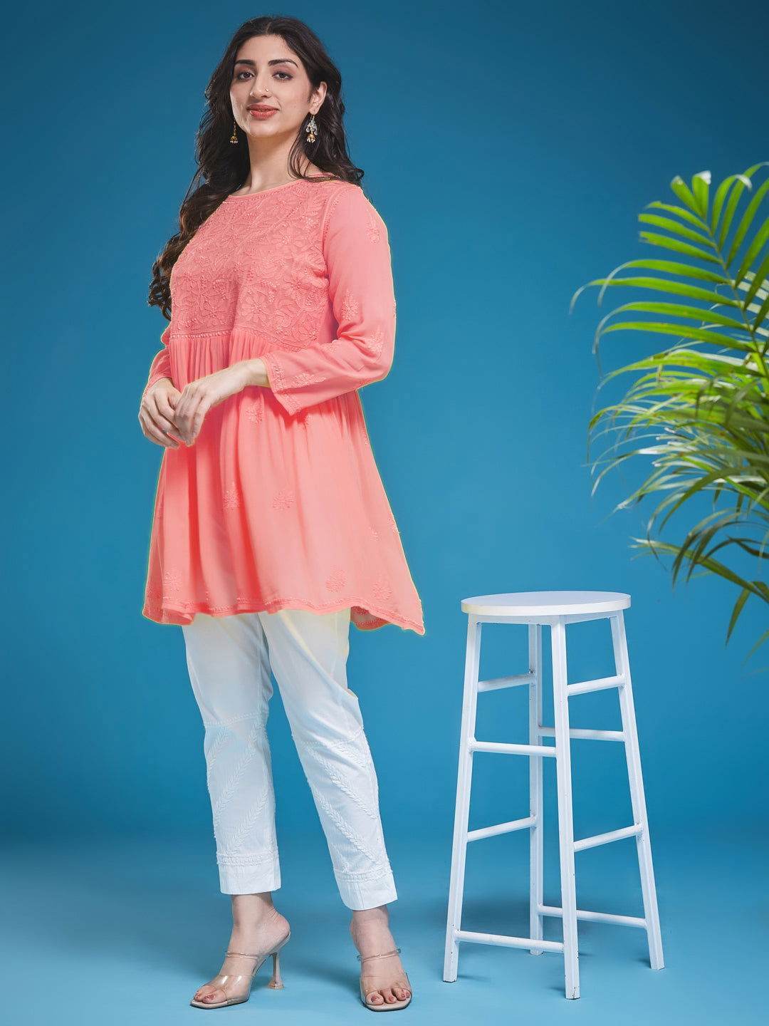 DILKUSHA Chikankari Georgette Peach Top - KRI CHIKANKARI