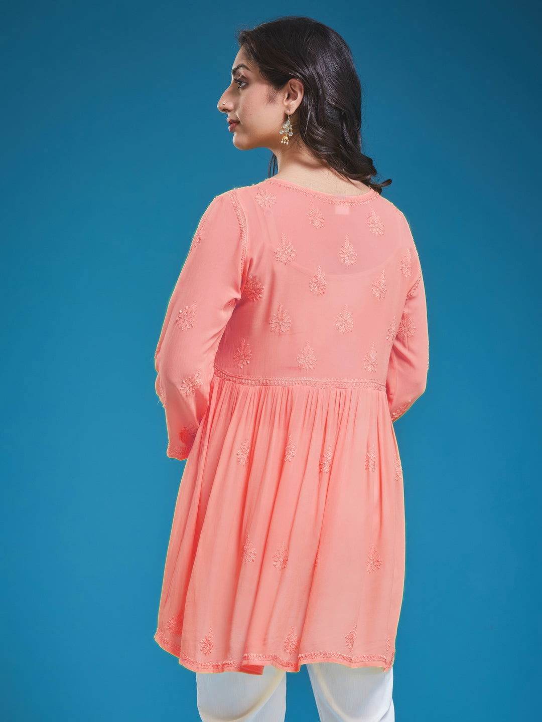 DILKUSHA Chikankari Georgette Peach Top - KRI CHIKANKARI