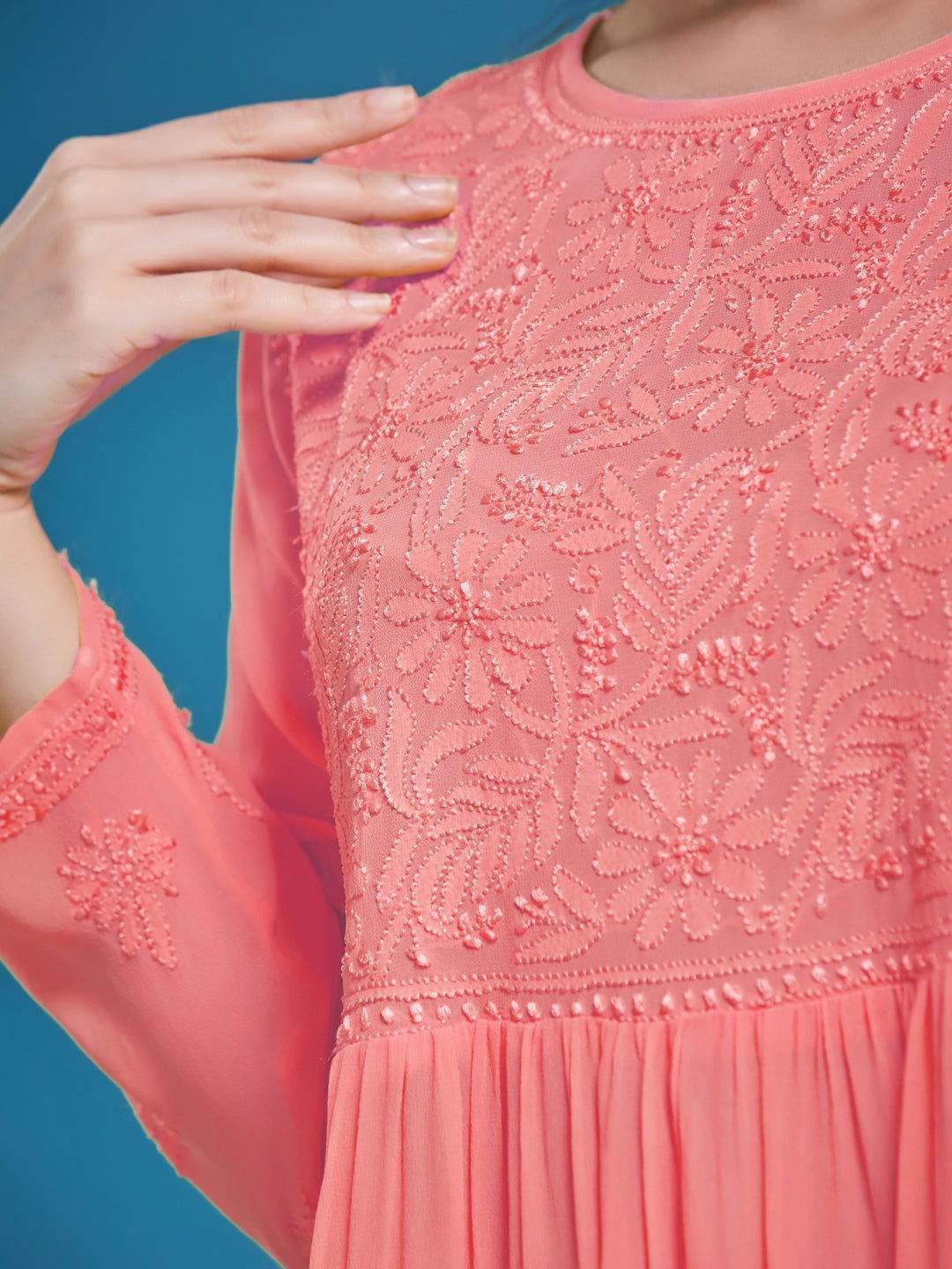 DILKUSHA Chikankari Georgette Peach Top - KRI CHIKANKARI