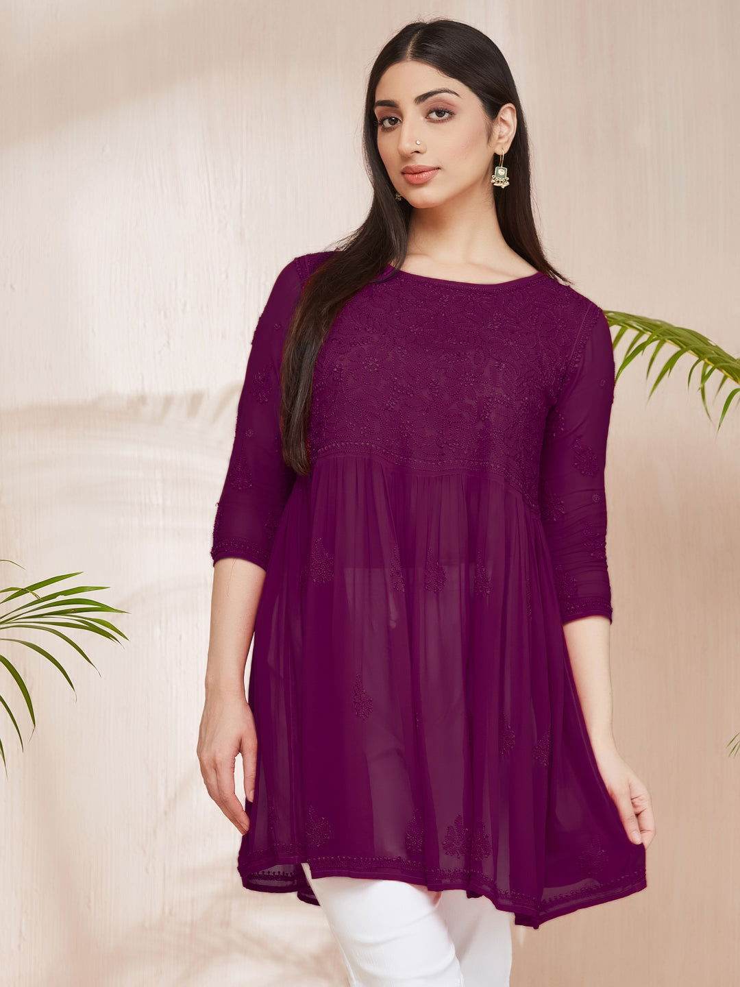 DILKUSHA Chikankari Georgette Wine Top - KRI CHIKANKARI