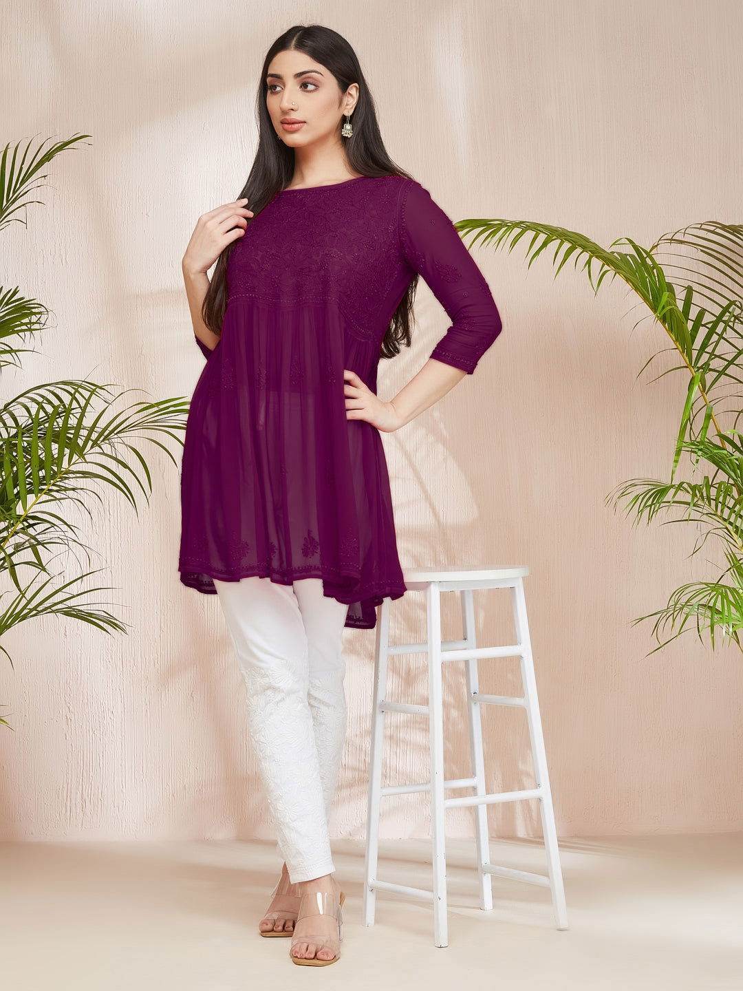 DILKUSHA Chikankari Georgette Wine Top - KRI CHIKANKARI