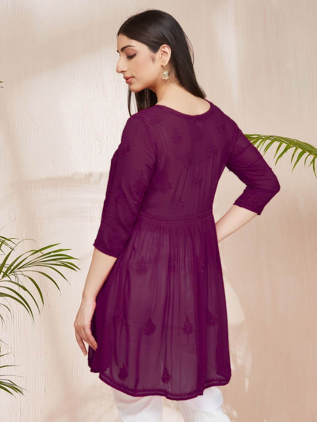 DILKUSHA Chikankari Georgette Wine Top - KRI CHIKANKARI