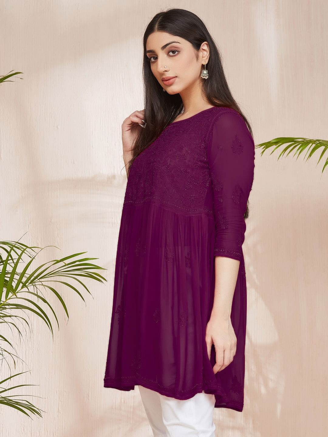 DILKUSHA Chikankari Georgette Wine Top - KRI CHIKANKARI