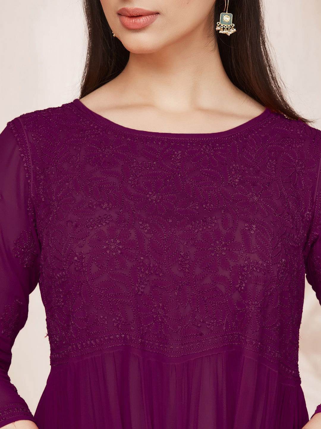 DILKUSHA Chikankari Georgette Wine Top - KRI CHIKANKARI