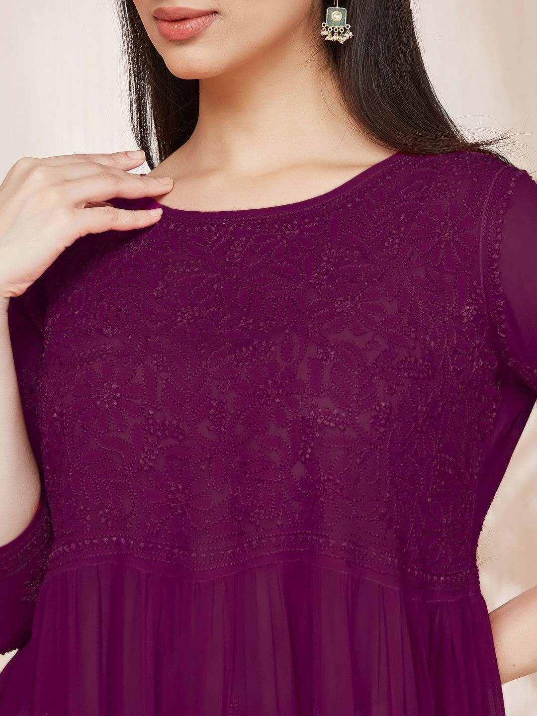 DILKUSHA Chikankari Georgette Wine Top - KRI CHIKANKARI