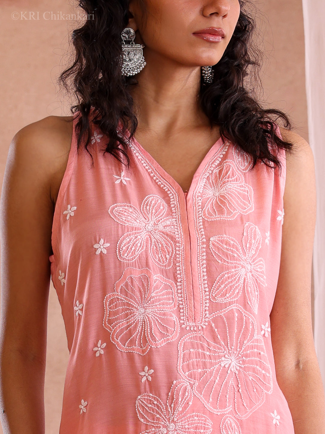 FARSHI CHIKANKARI PEACH MUSLIN KURTA
