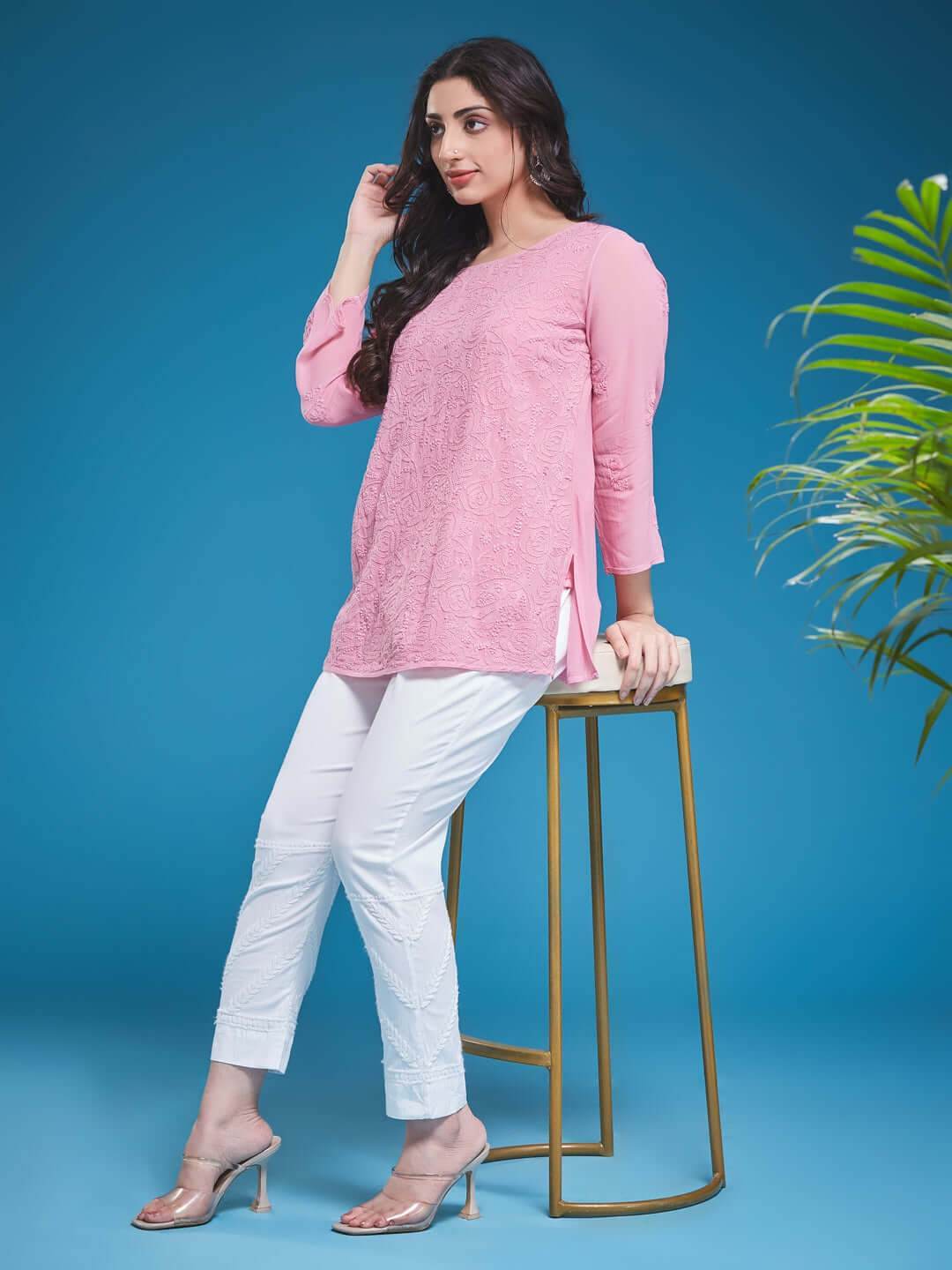 GULABNOOR Chikankari Georgette Dusty Pink Top - KRI CHIKANKARI