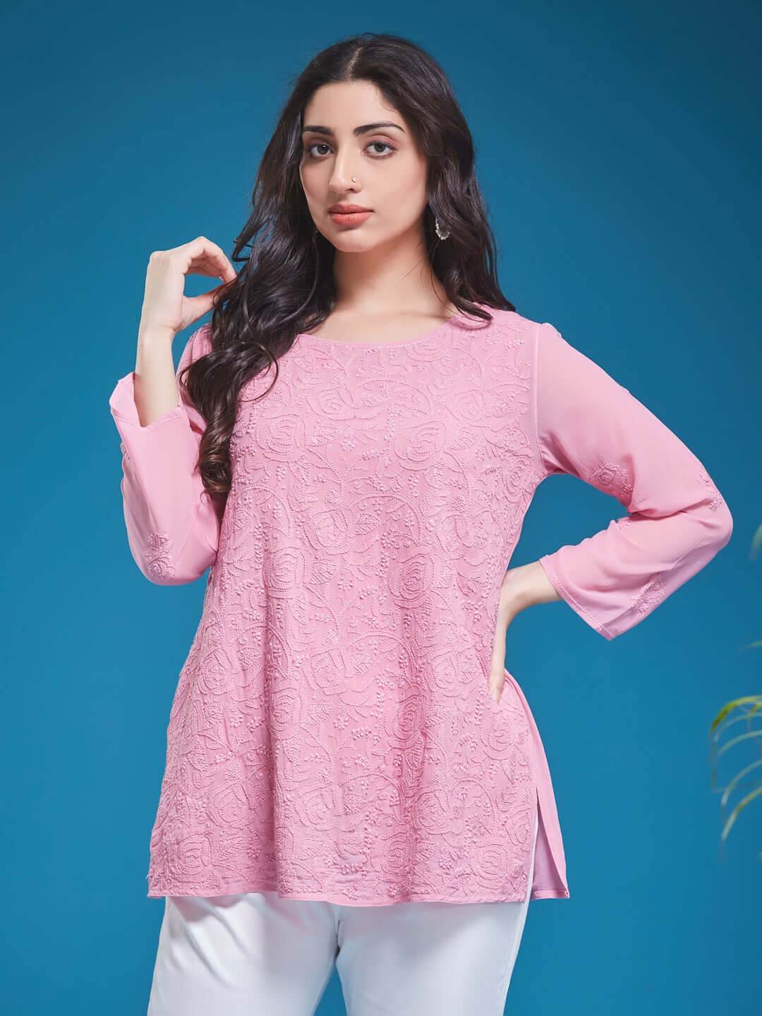 GULABNOOR Chikankari Georgette Dusty Pink Top - KRI CHIKANKARI