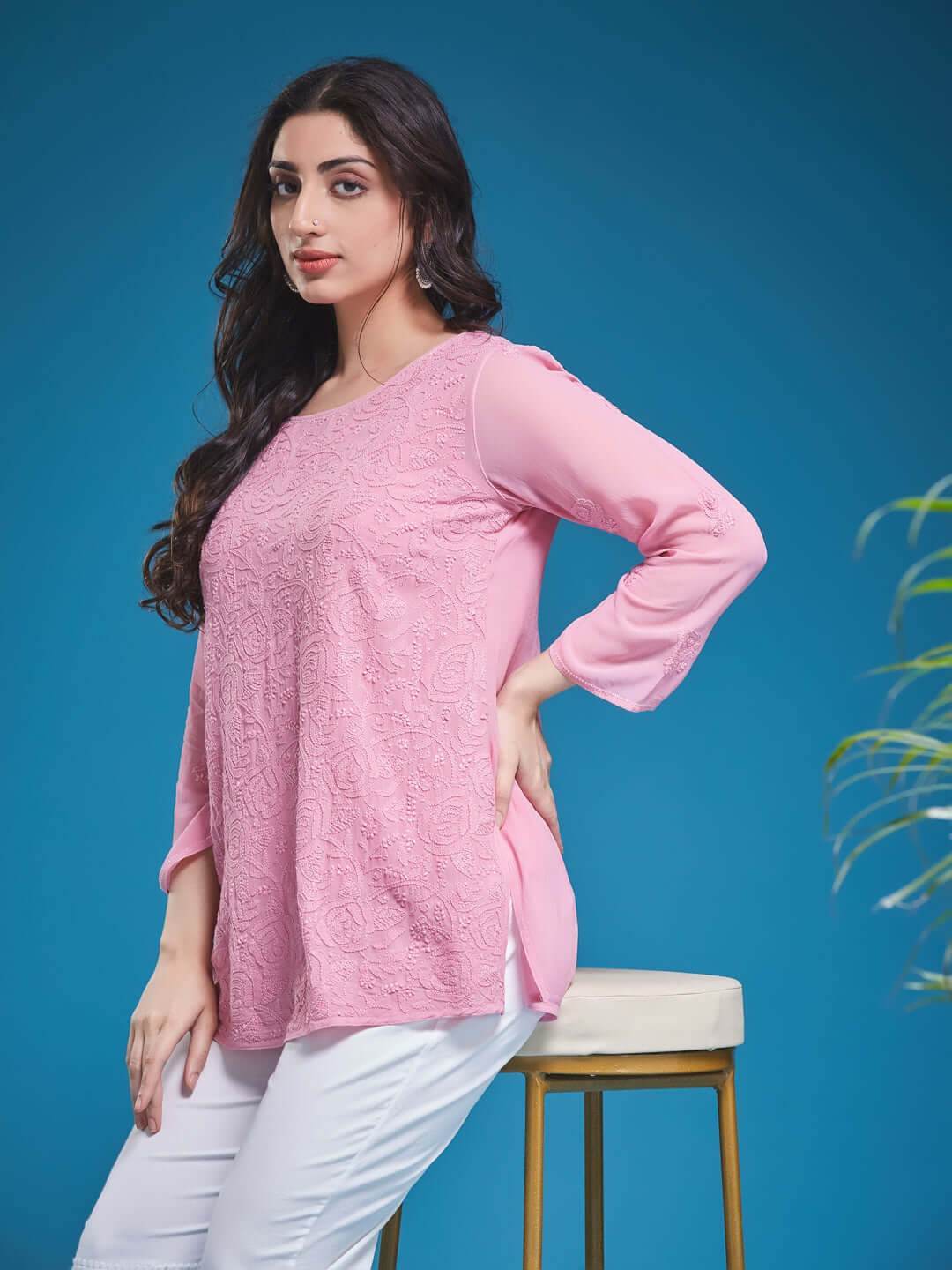 GULABNOOR Chikankari Georgette Dusty Pink Top - KRI CHIKANKARI