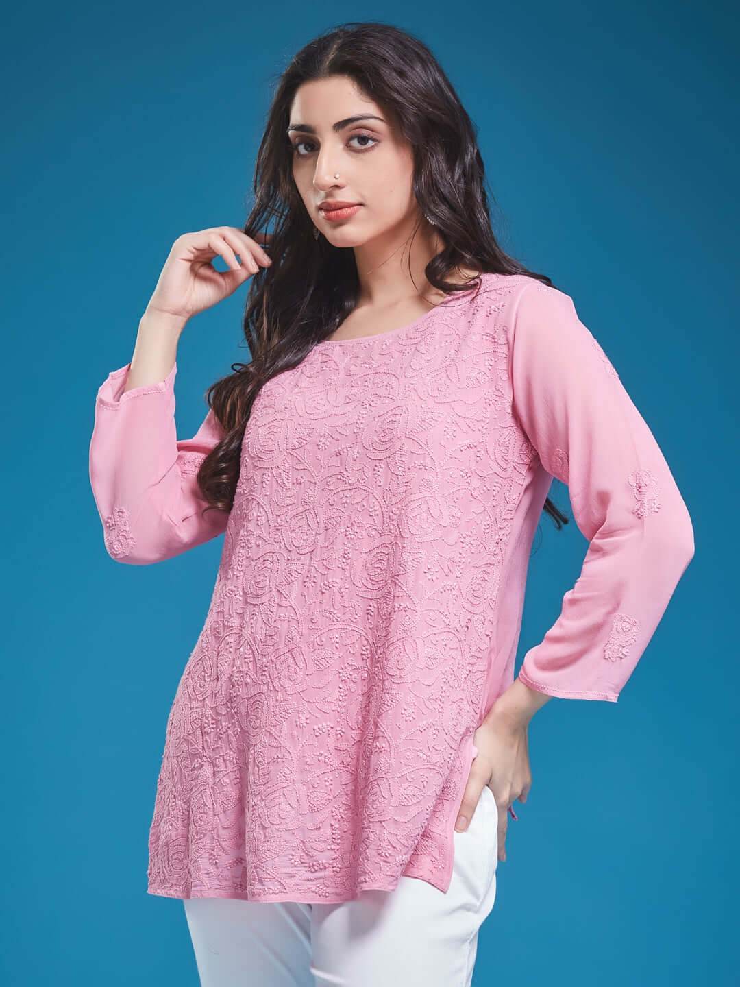 GULABNOOR Chikankari Georgette Dusty Pink Top - KRI CHIKANKARI