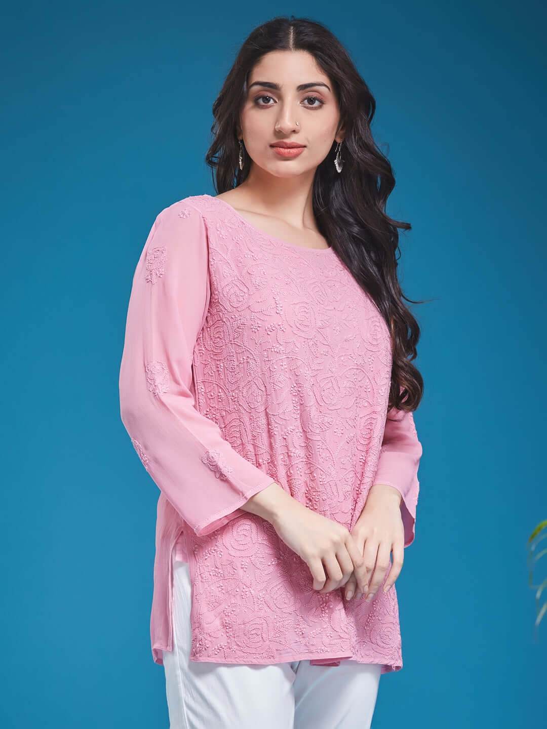 GULABNOOR Chikankari Georgette Dusty Pink Top - KRI CHIKANKARI