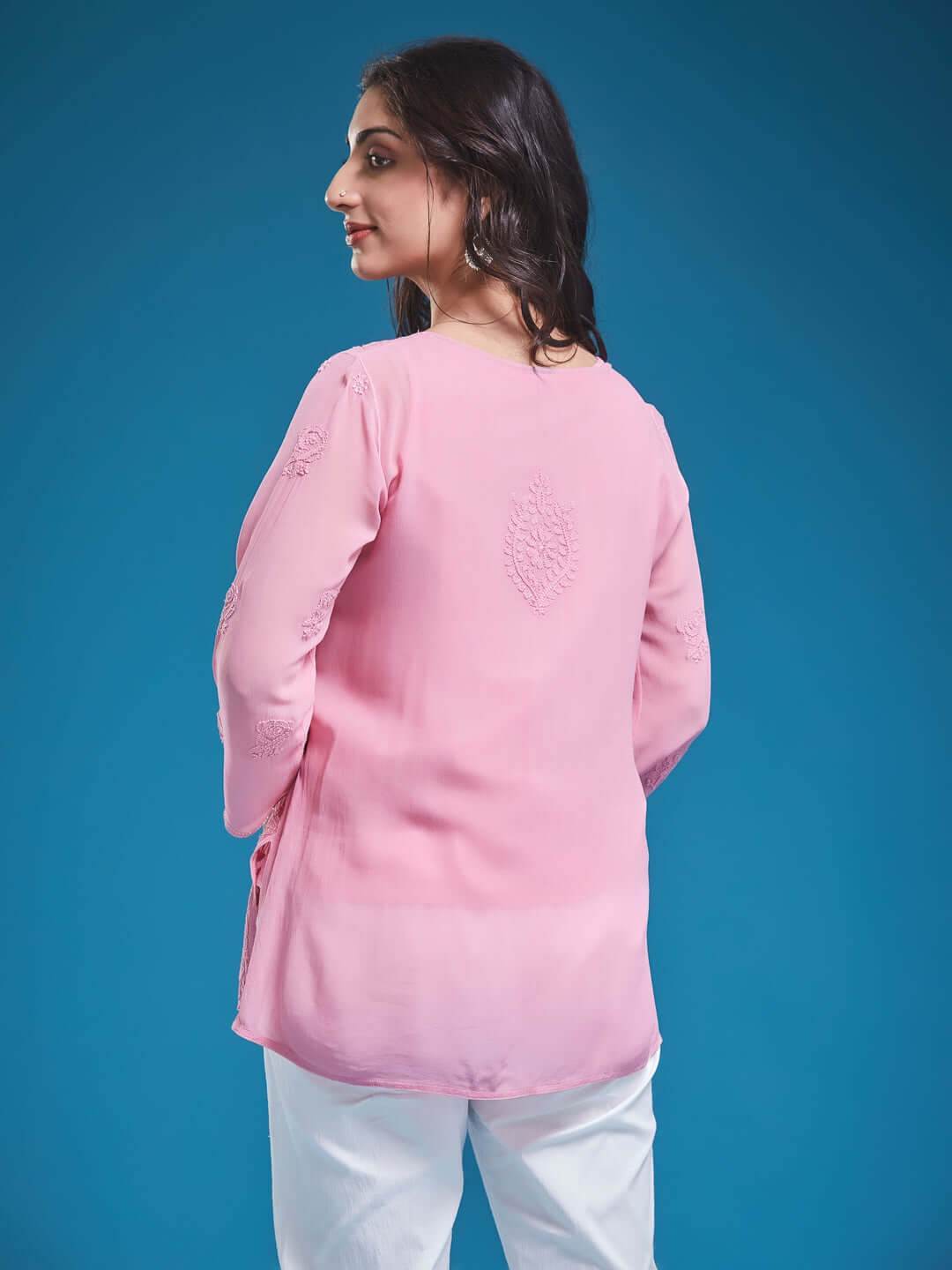 GULABNOOR Chikankari Georgette Dusty Pink Top - KRI CHIKANKARI