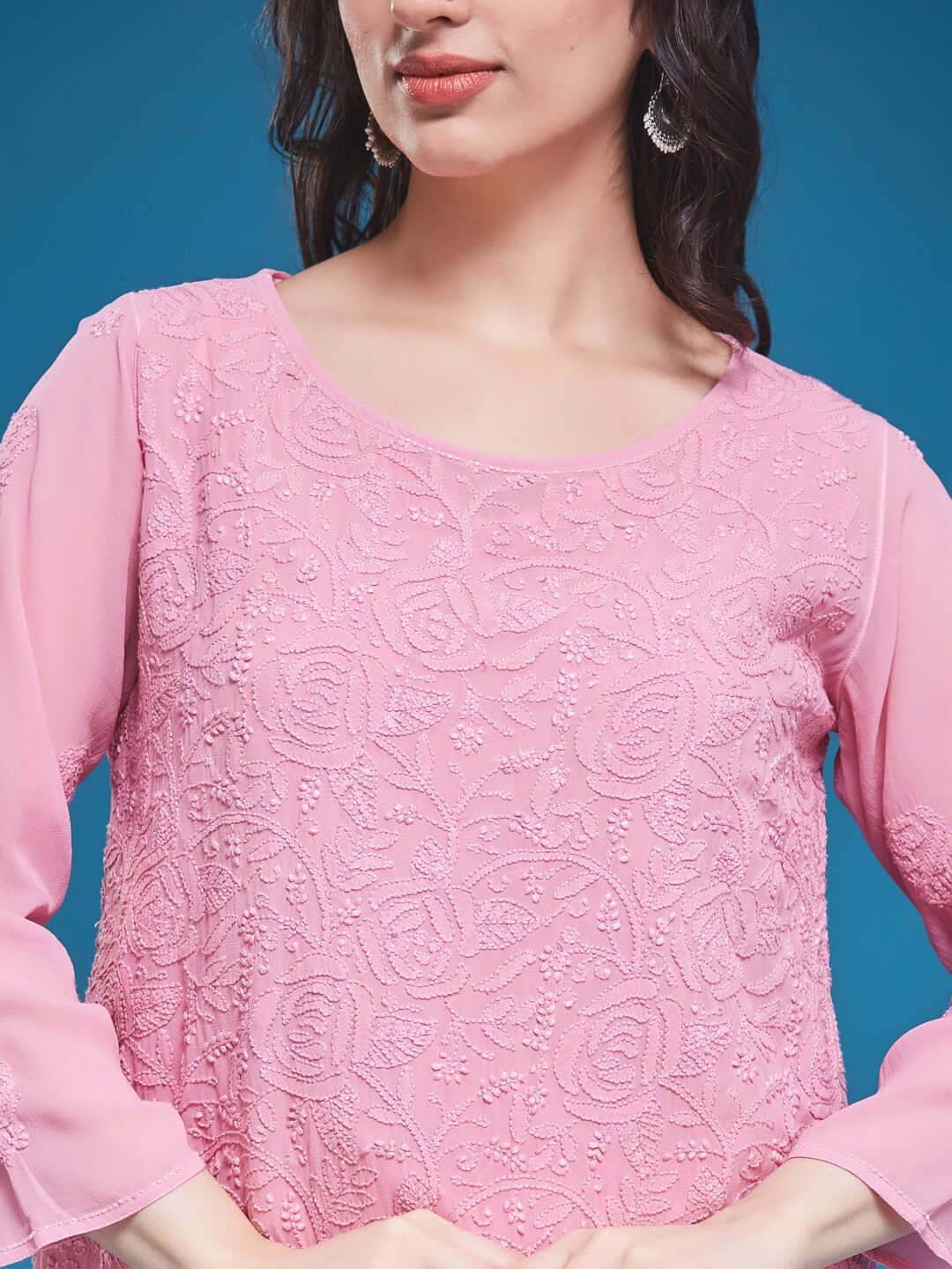 GULABNOOR Chikankari Georgette Dusty Pink Top - KRI CHIKANKARI
