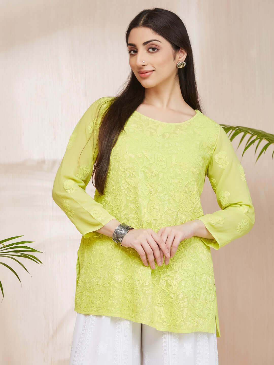 GULABNOOR Chikankari Georgette Neon Green Top - KRI CHIKANKARI