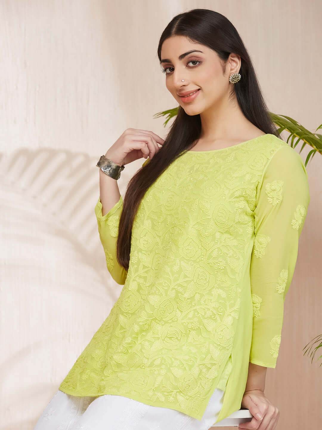 GULABNOOR Chikankari Georgette Neon Green Top - KRI CHIKANKARI