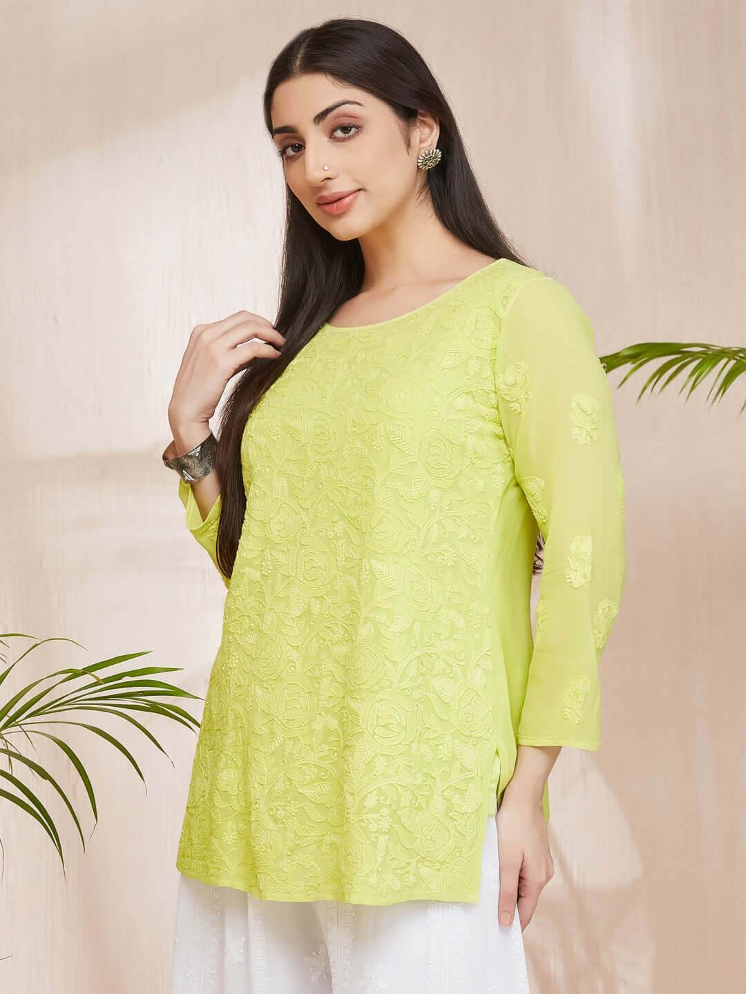 GULABNOOR Chikankari Georgette Neon Green Top - KRI CHIKANKARI