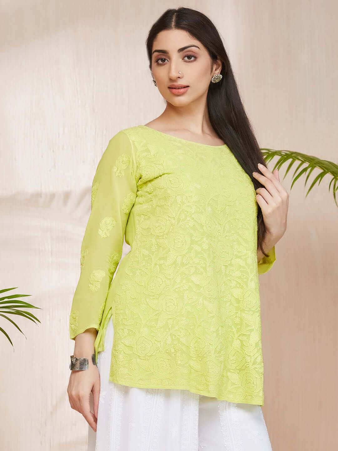 GULABNOOR Chikankari Georgette Neon Green Top - KRI CHIKANKARI