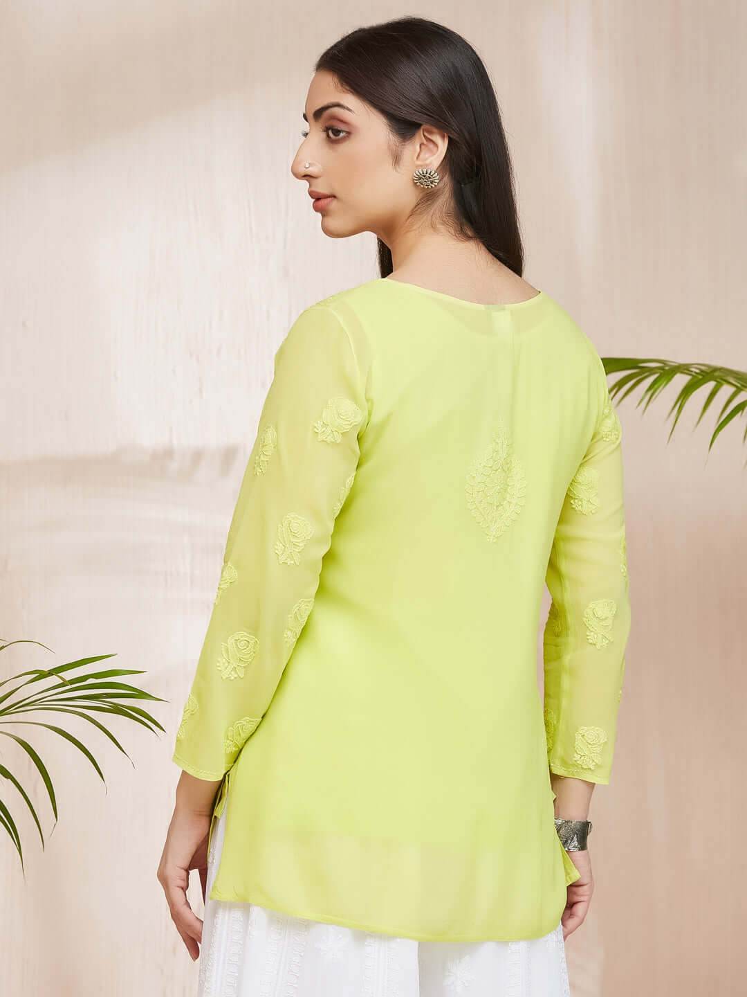 GULABNOOR Chikankari Georgette Neon Green Top - KRI CHIKANKARI