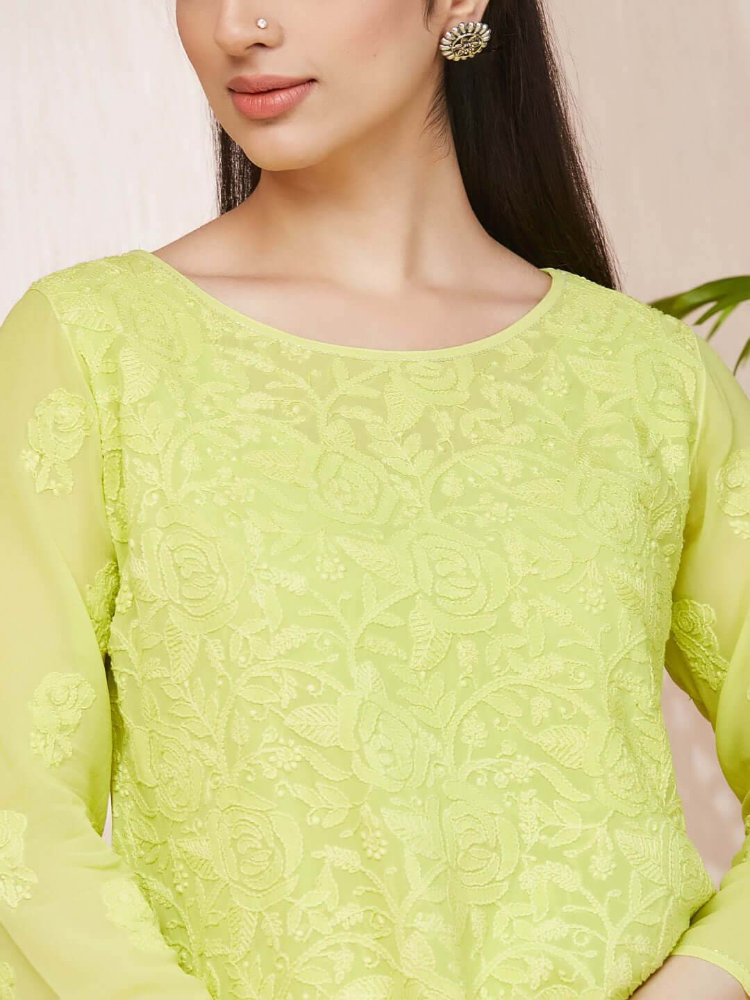 GULABNOOR Chikankari Georgette Neon Green Top - KRI CHIKANKARI