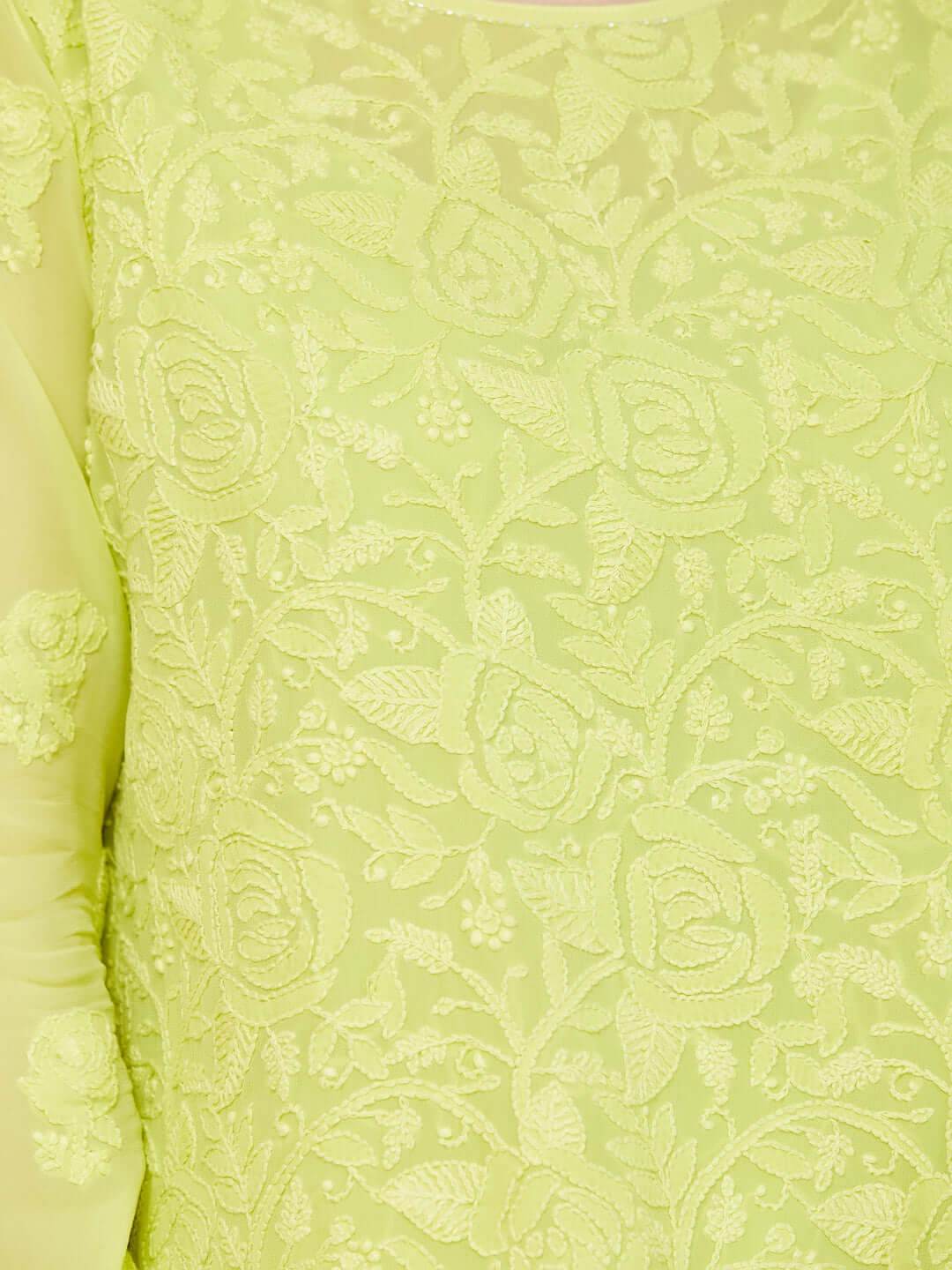 GULABNOOR Chikankari Georgette Neon Green Top - KRI CHIKANKARI