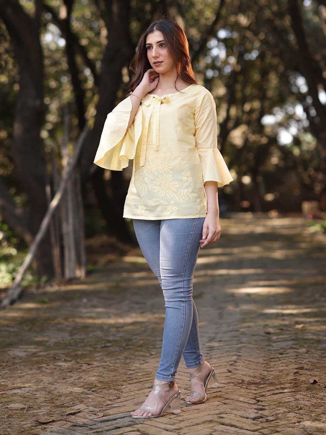 IQRA Chikankari Cotton Bell Sleeves Top - KRI CHIKANKARI