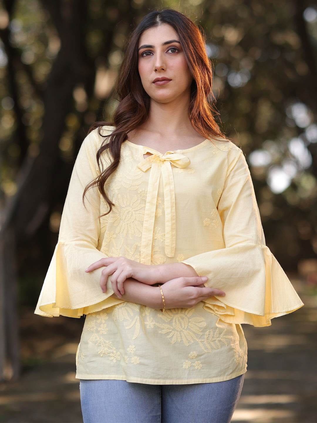 IQRA Chikankari Cotton Bell Sleeves Top - KRI CHIKANKARI