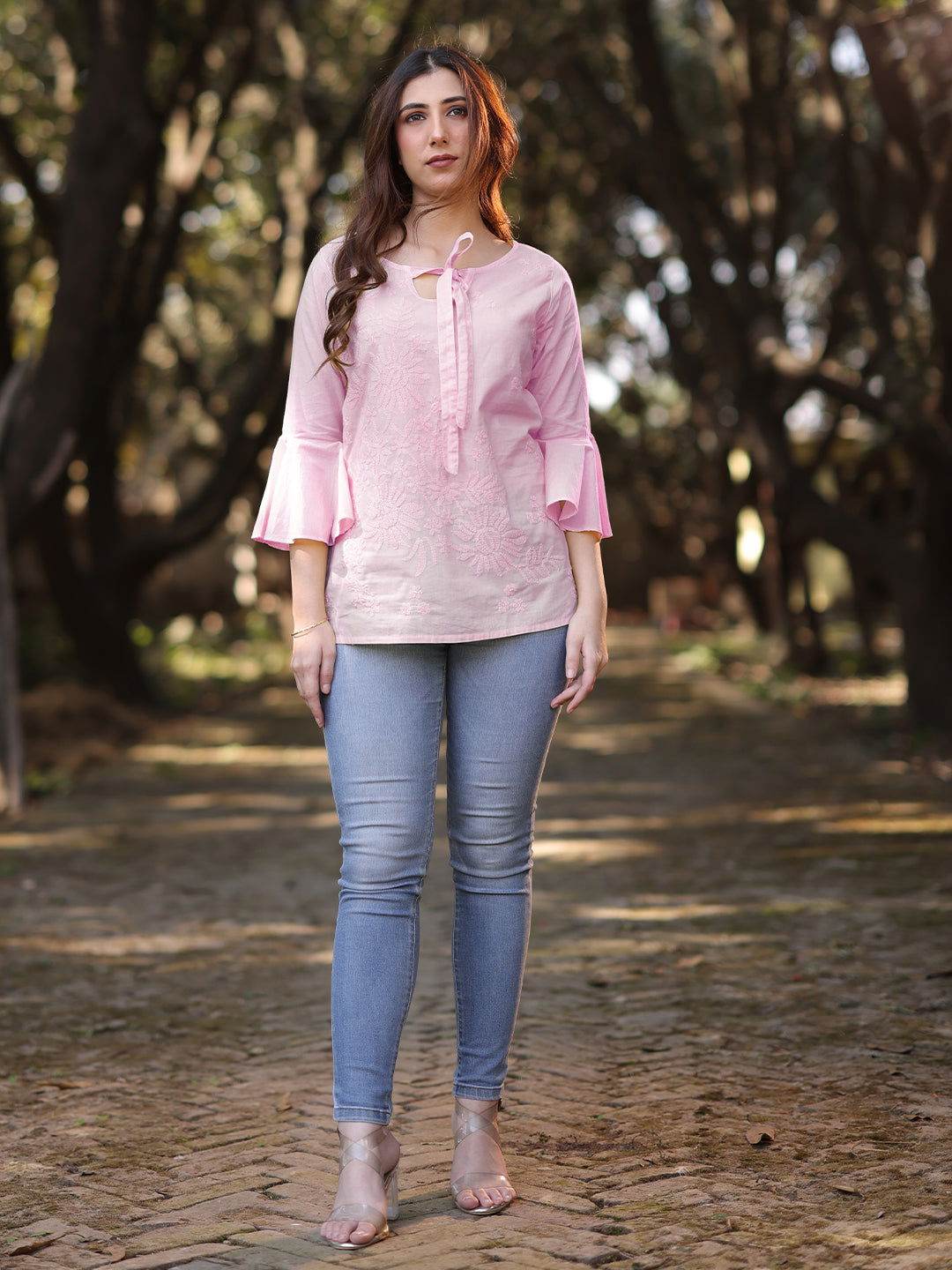 IQRA Chikankari Cotton Bell Sleeves Top - KRI CHIKANKARI