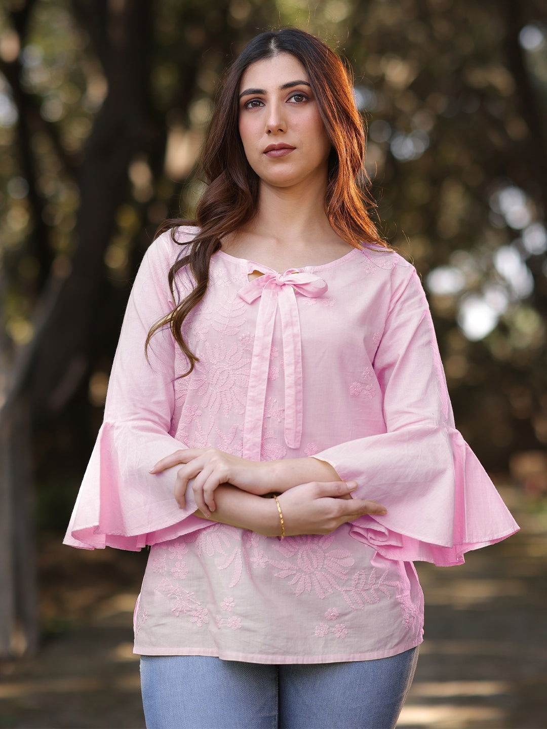 IQRA Chikankari Cotton Bell Sleeves Top - KRI CHIKANKARI