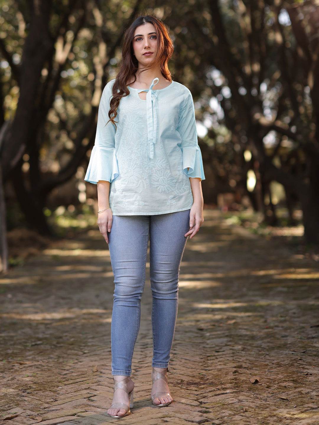 IQRA Chikankari Cotton Bell Sleeves Top - KRI CHIKANKARI