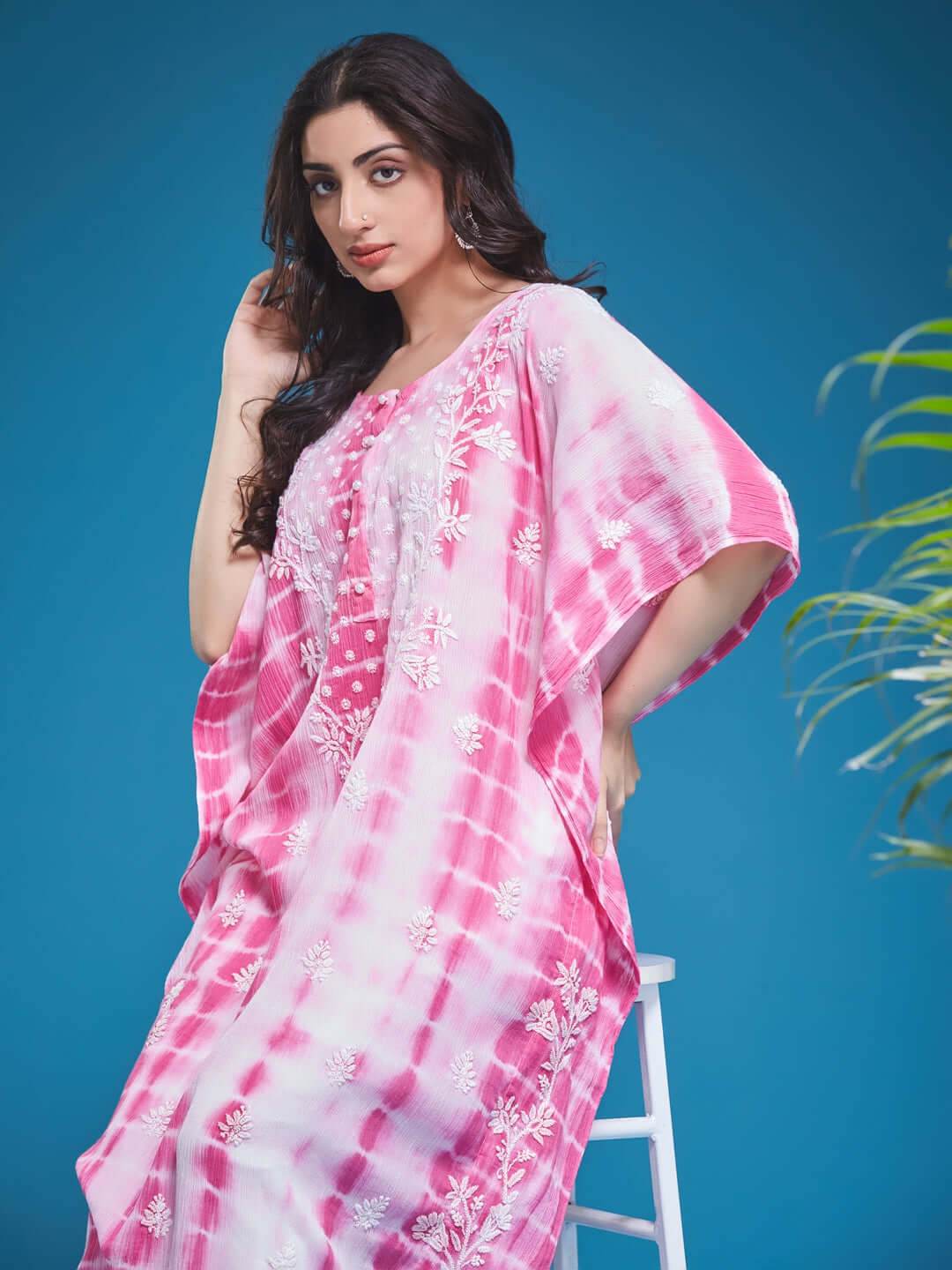 KAPAASI Chikankari Tie-Dye Kaftan - KRI CHIKANKARI