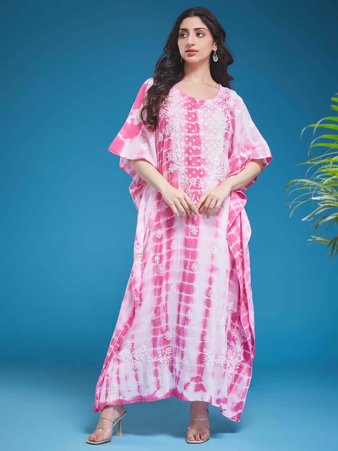 KAPAASI Chikankari Tie-Dye Kaftan - KRI CHIKANKARI