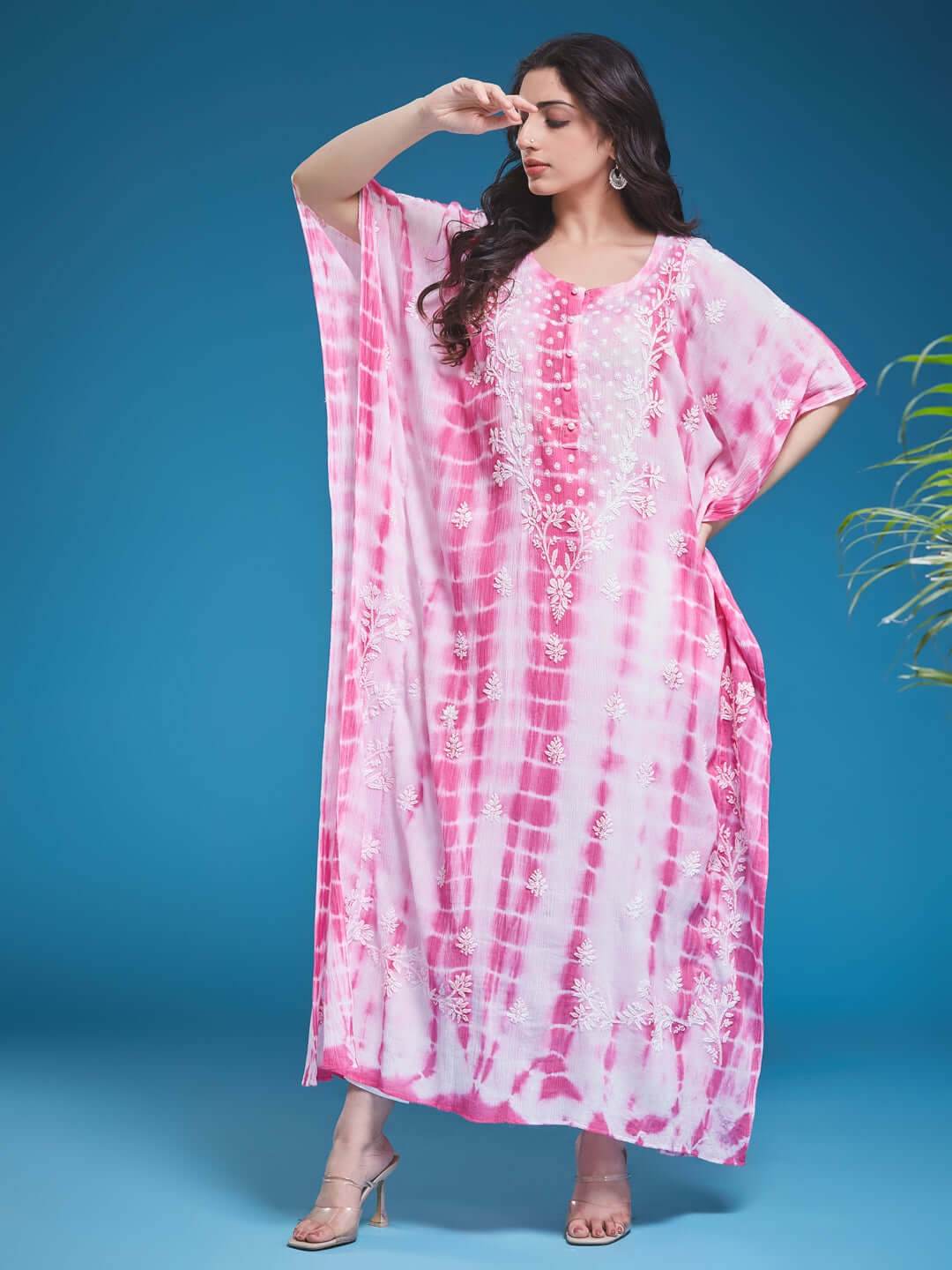 KAPAASI Chikankari Tie-Dye Kaftan - KRI CHIKANKARI
