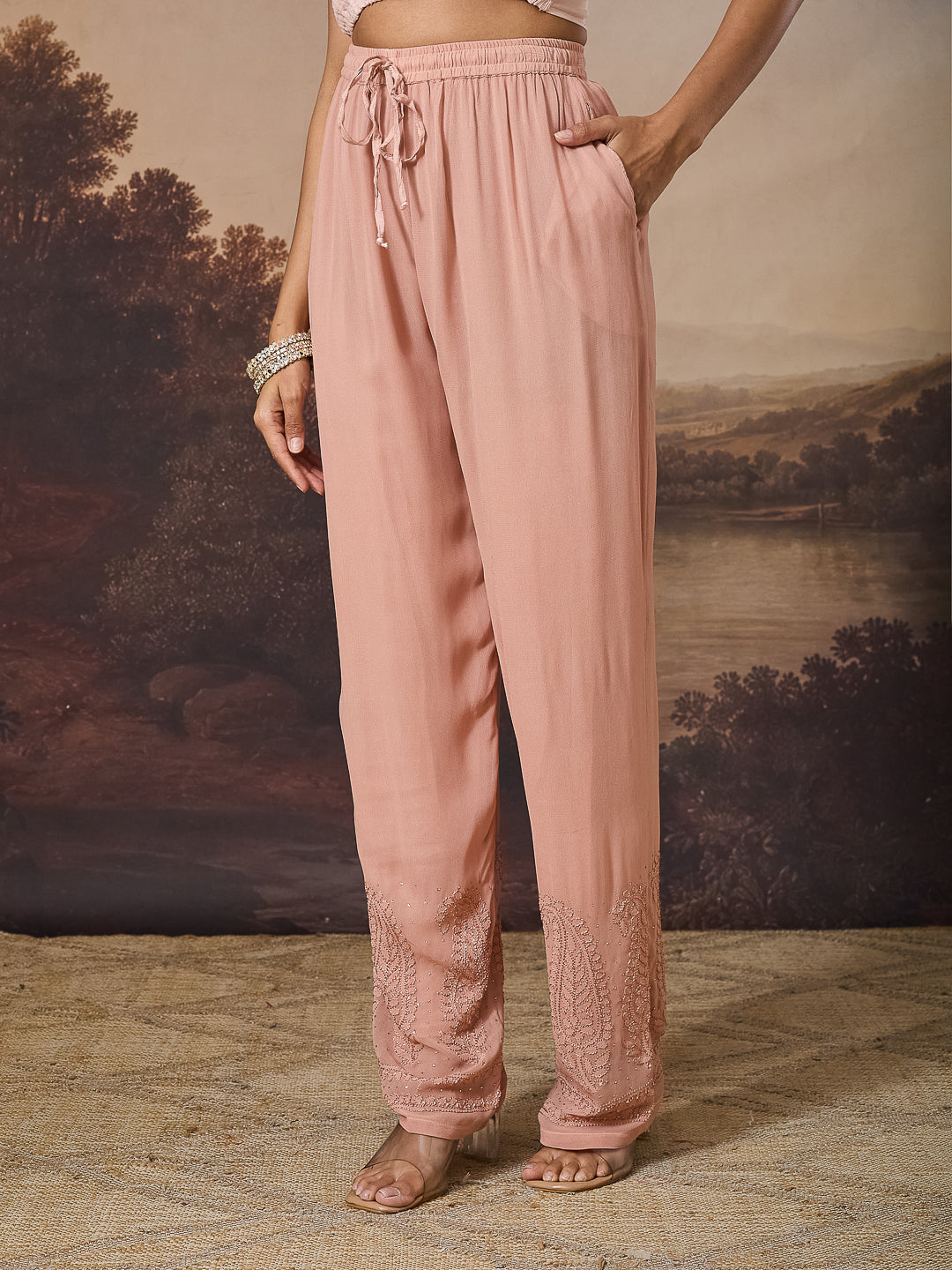AAMBI CHIKANKARI NUDE GEORGETTE PANTS