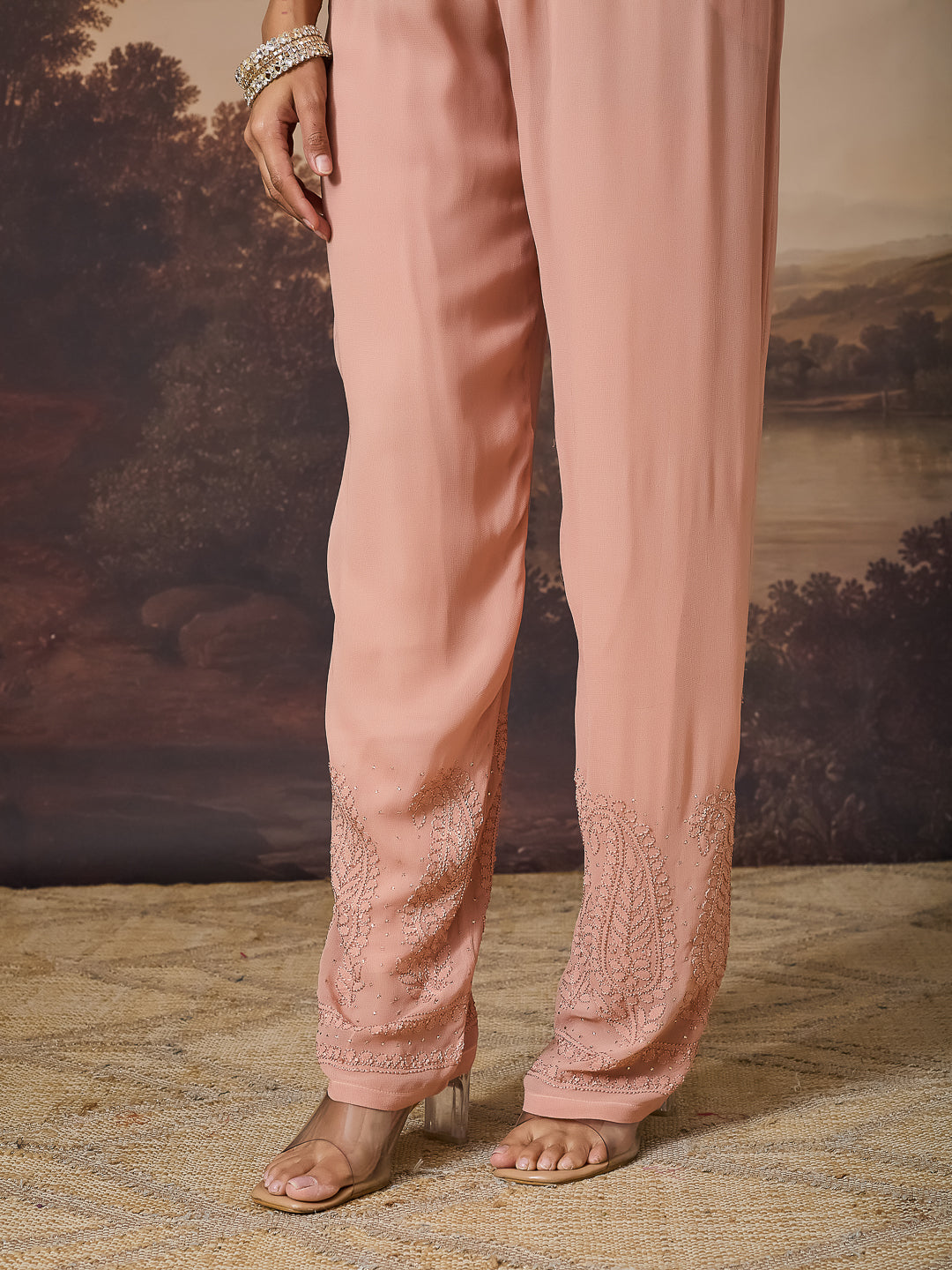 AAMBI CHIKANKARI NUDE GEORGETTE PANTS