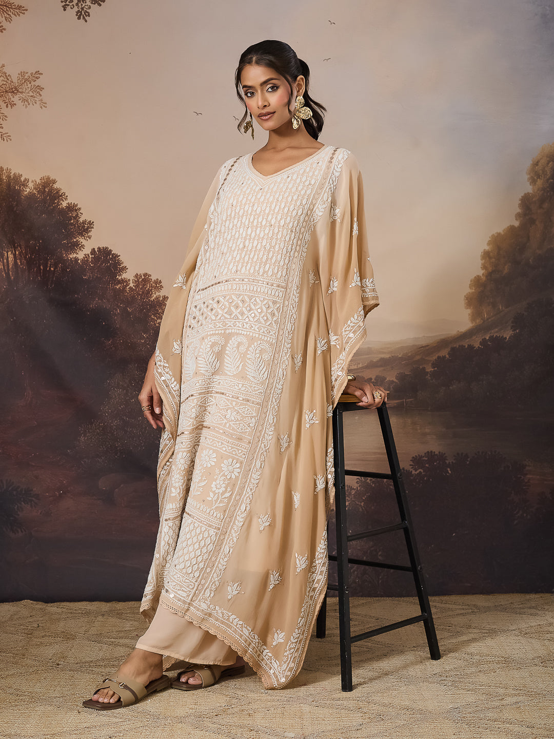 NAZISH CHIKANKARI GEORGETTE BEIGE KAFTAN