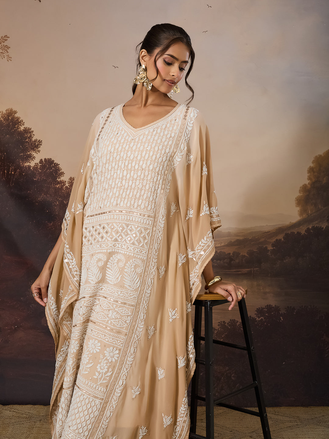 NAZISH CHIKANKARI GEORGETTE BEIGE KAFTAN