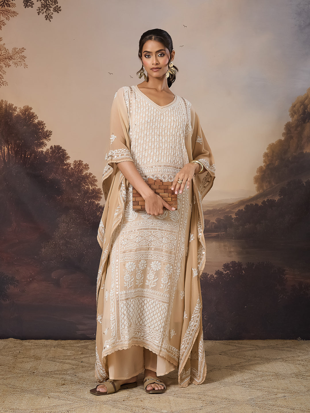 NAZISH CHIKANKARI GEORGETTE BEIGE KAFTAN SET