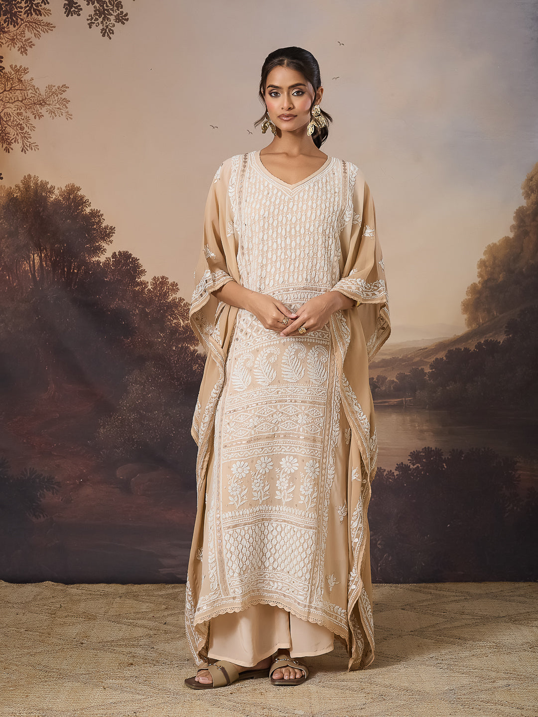 NAZISH CHIKANKARI GEORGETTE BEIGE KAFTAN SET