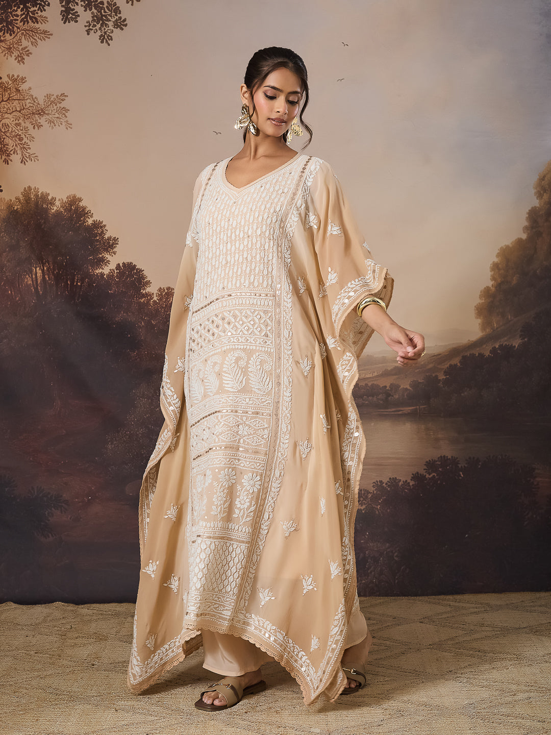NAZISH CHIKANKARI GEORGETTE BEIGE KAFTAN SET
