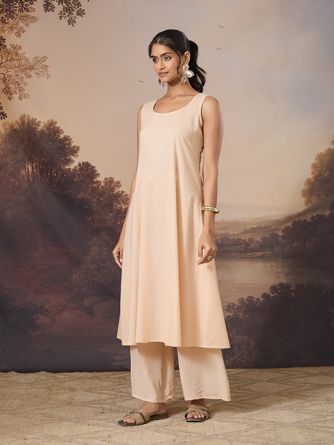 NAZISH CHIKANKARI GEORGETTE BEIGE KAFTAN SET