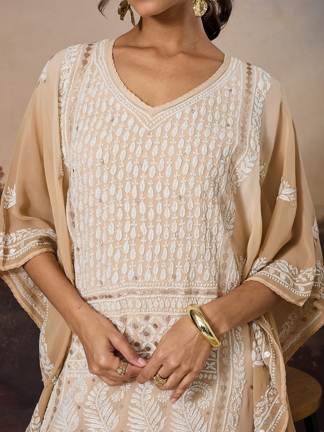 NAZISH CHIKANKARI GEORGETTE BEIGE KAFTAN SET