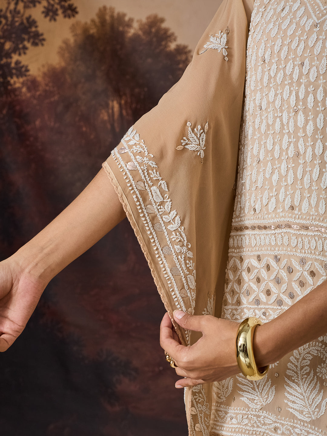 NAZISH CHIKANKARI GEORGETTE BEIGE KAFTAN SET