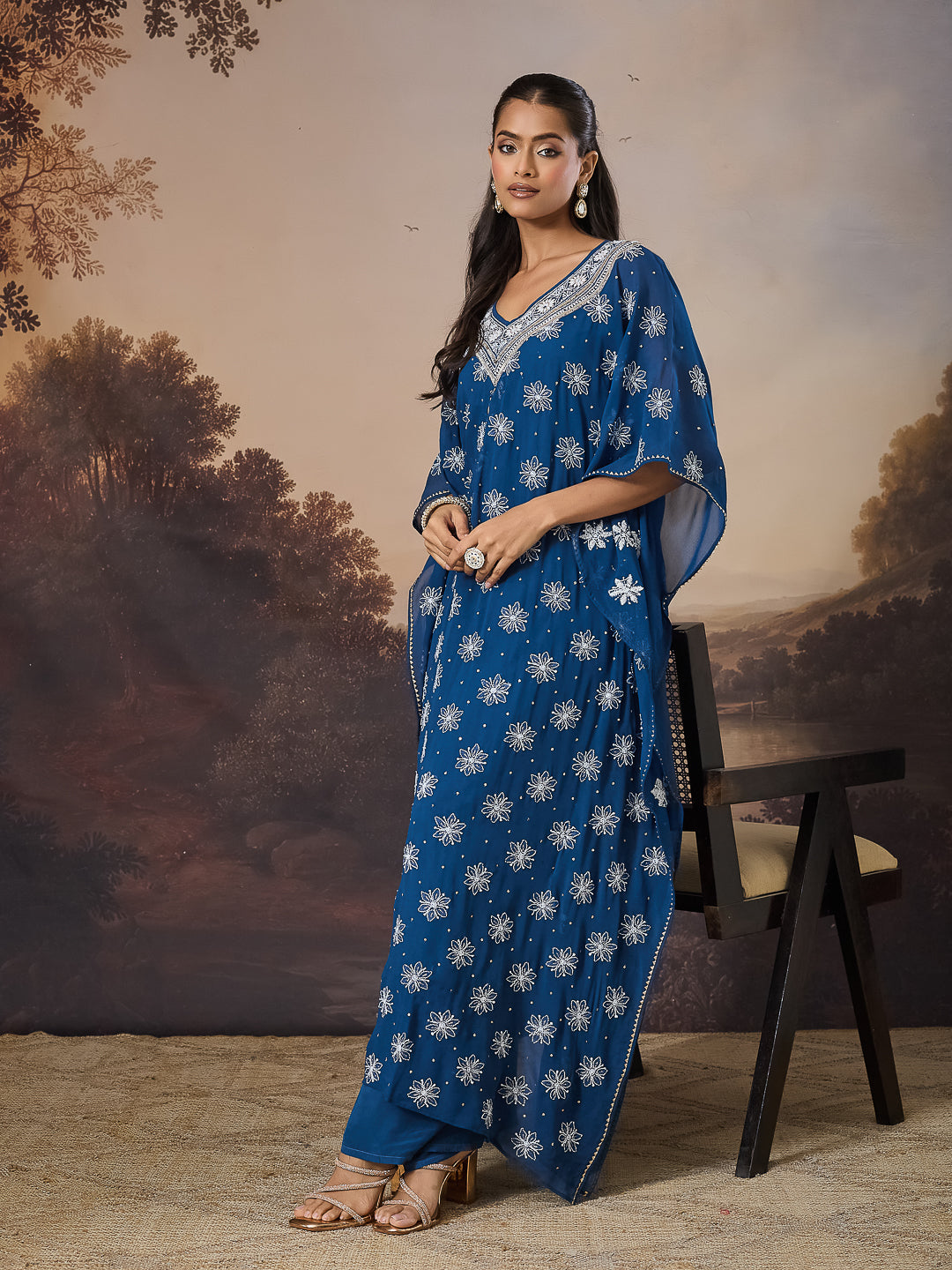 ZARQASH CHIKANKARI GEORGETTE BLUE KAFTAN
