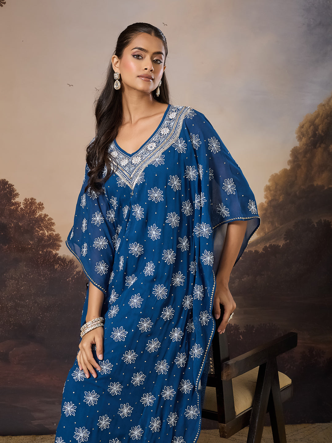 ZARQASH CHIKANKARI GEORGETTE BLUE KAFTAN