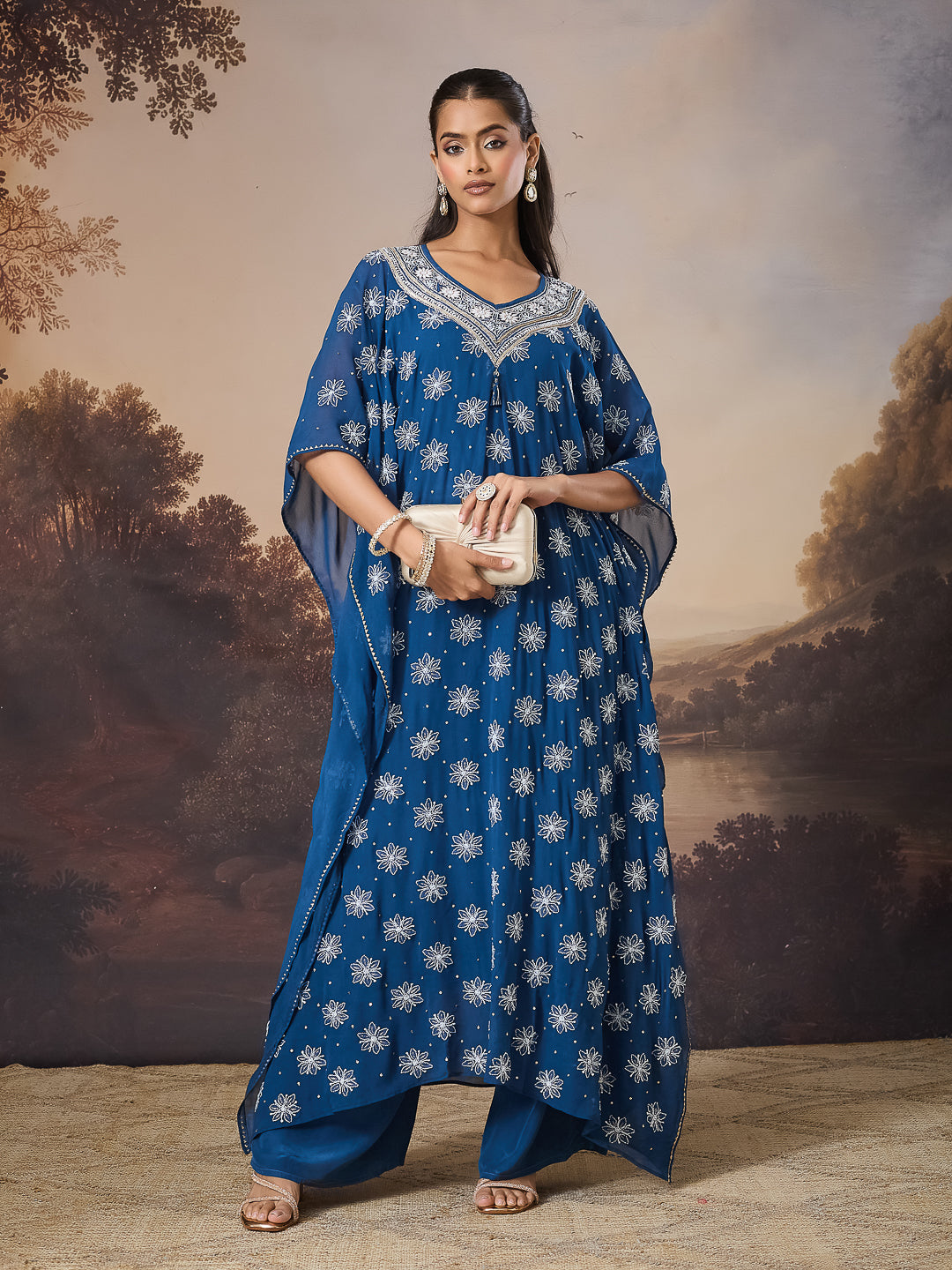 ZARQASH CHIKANKARI GEORGETTE BLUE KAFTAN