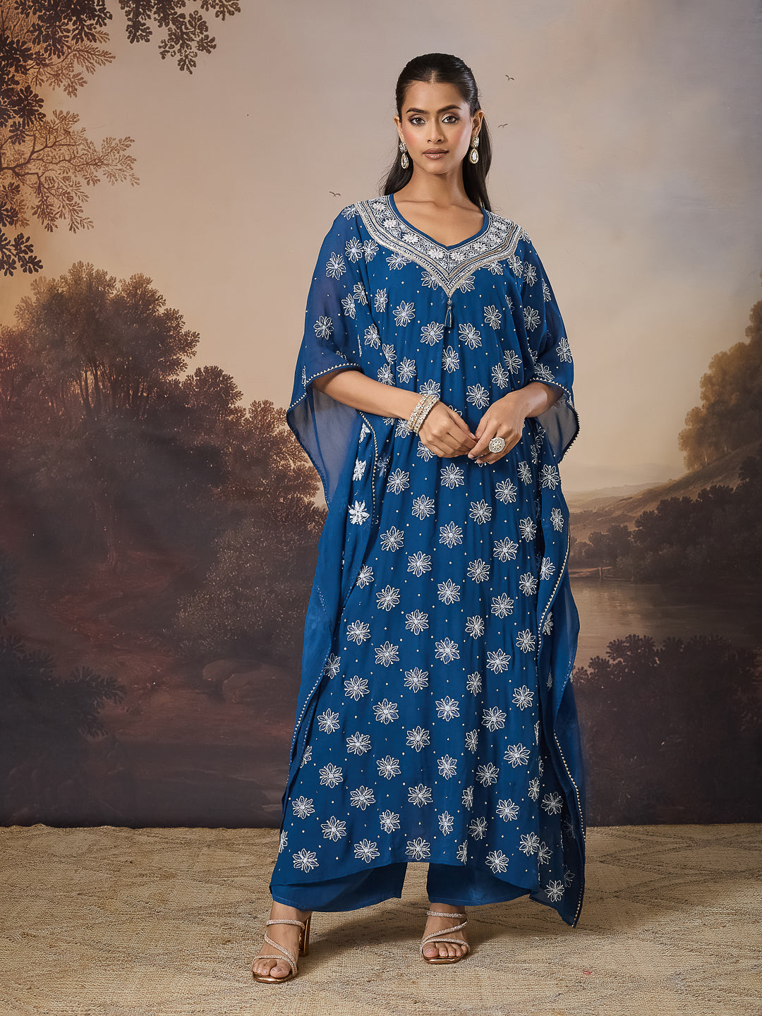 ZARQASH CHIKANKARI GEORGETTE BLUE KAFTAN