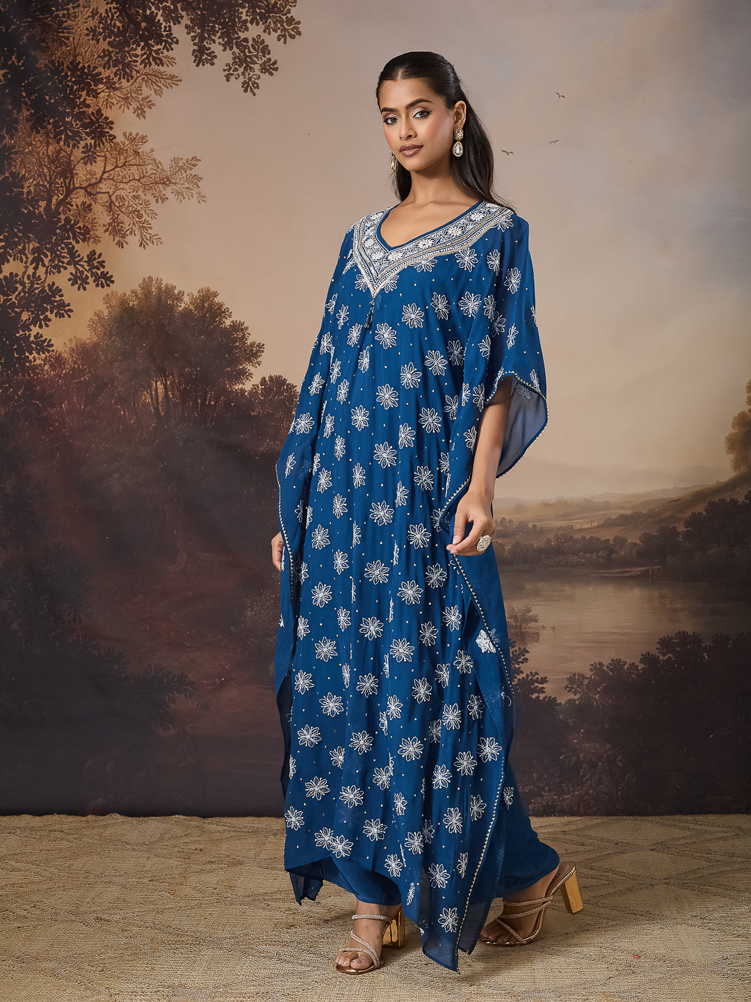 ZARQASH CHIKANKARI GEORGETTE BLUE KAFTAN