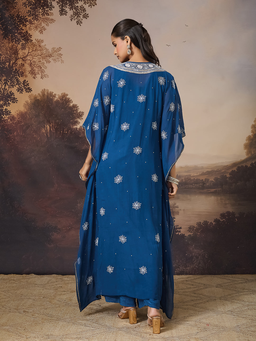 ZARQASH CHIKANKARI GEORGETTE BLUE KAFTAN